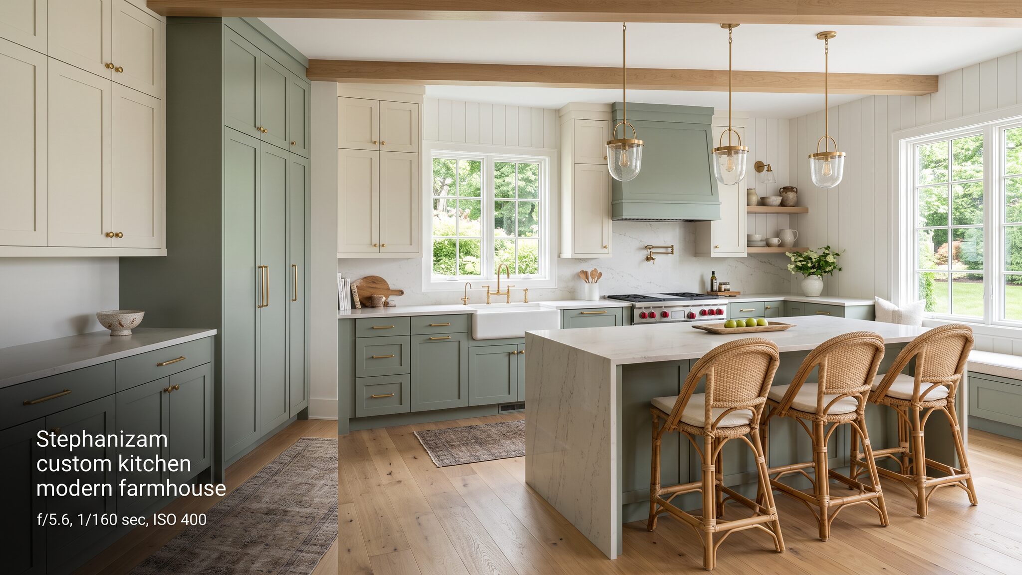 Elegant two-tone kitchen with sage-green and soft-white cabinetry, a large island, and a relaxed lake-house feel